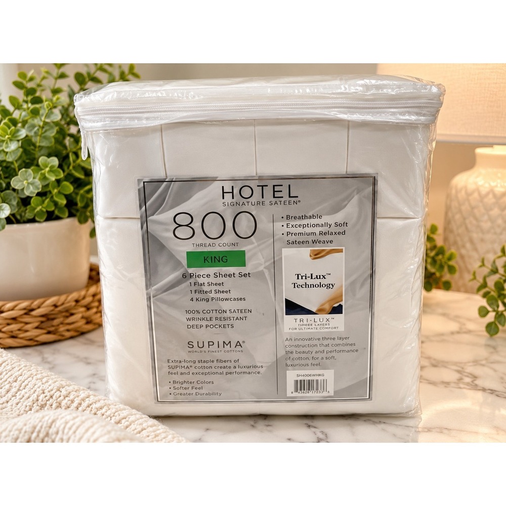 NEW Hotel Signature Sateen 800TC King 6pc Supima Cotton Sheet Set White Luxury